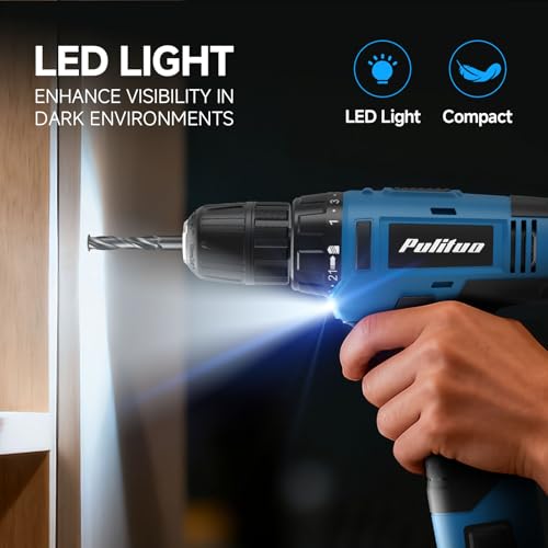 PULITUO 20V Cordless Drill/Driver, 2 Batteries Electric Screwdriver, 30Nm Power Drill Driver, 21+1 Torque, 2 Speed, 3/8"Keyless Chuck, power drill with LED Light
