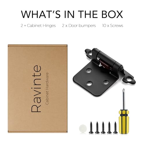 Ravinte Overlay Cabinet Door Hinges Kitchen Black Semi-Concealed Hinges Face Mount Self-Closing Cabinet Hardware with Bumpers & Screwdriver
