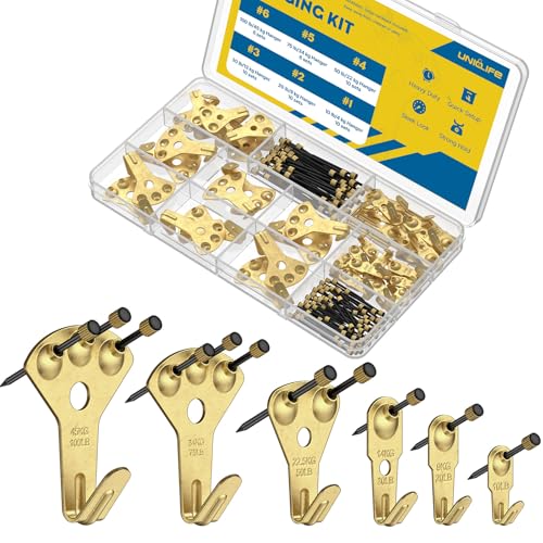Uniclife 152 Pcs Picture Hanging Kit, 10 lb, 20 lb, 30 lb, 50 lb, 75 lb, 100 lb Heavy Duty Picture Hangers for Drywall & Wood, Picture Hanging Hooks, Frame Hooks for Hanging Photos Mirrors Paintings