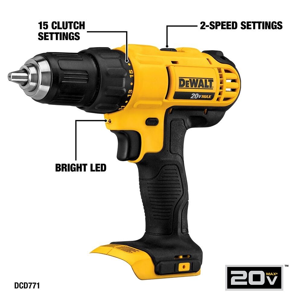 Dewalt DCD771C2 20V MAX Cordless Lithium-Ion 1/2 inch Compact Drill Driver Kit