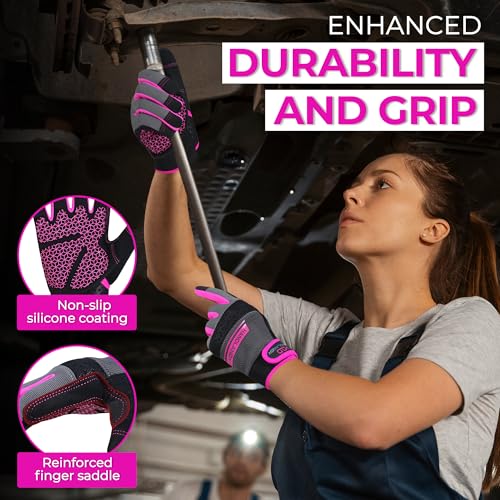 HANDLANDY Work Gloves for Women, Breathable Leather Gardening Glove for Yard Maintenance, Hand Protection with Touch Screen