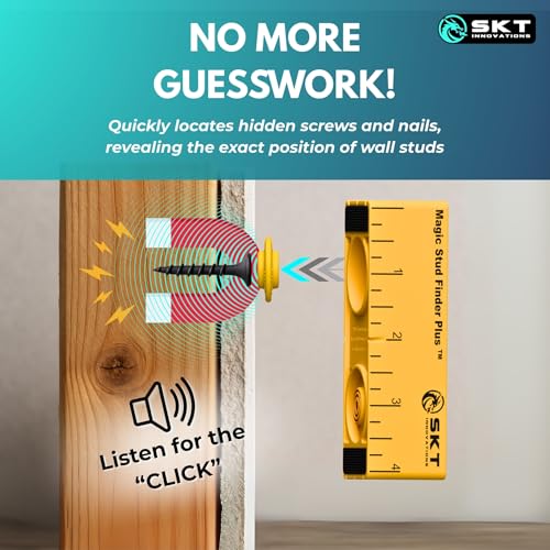 Magic Stud Finder Plus – 3-in-1 Magnetic Stud Finder with Level & Ruler, Extra-Strong Neodymium Magnets, No Electronics, Includes 3 Xtreme Magnets & 6" Steel Ruler for Hanging TV, Shelves, Art