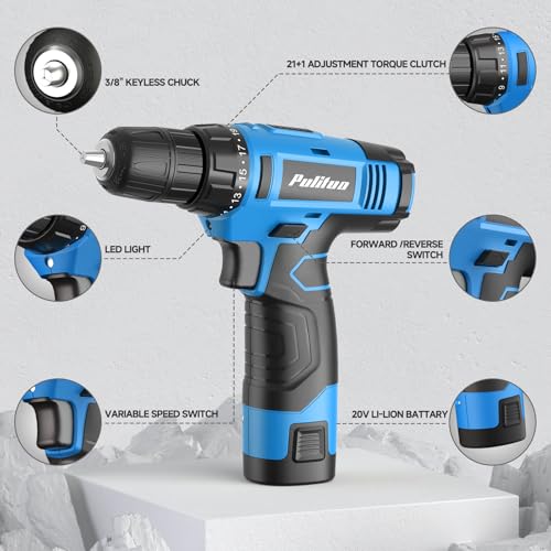 PULITUO 20V Cordless Drill/Driver, 2 Batteries Electric Screwdriver, 30Nm Power Drill Driver, 21+1 Torque, 2 Speed, 3/8"Keyless Chuck, power drill with LED Light