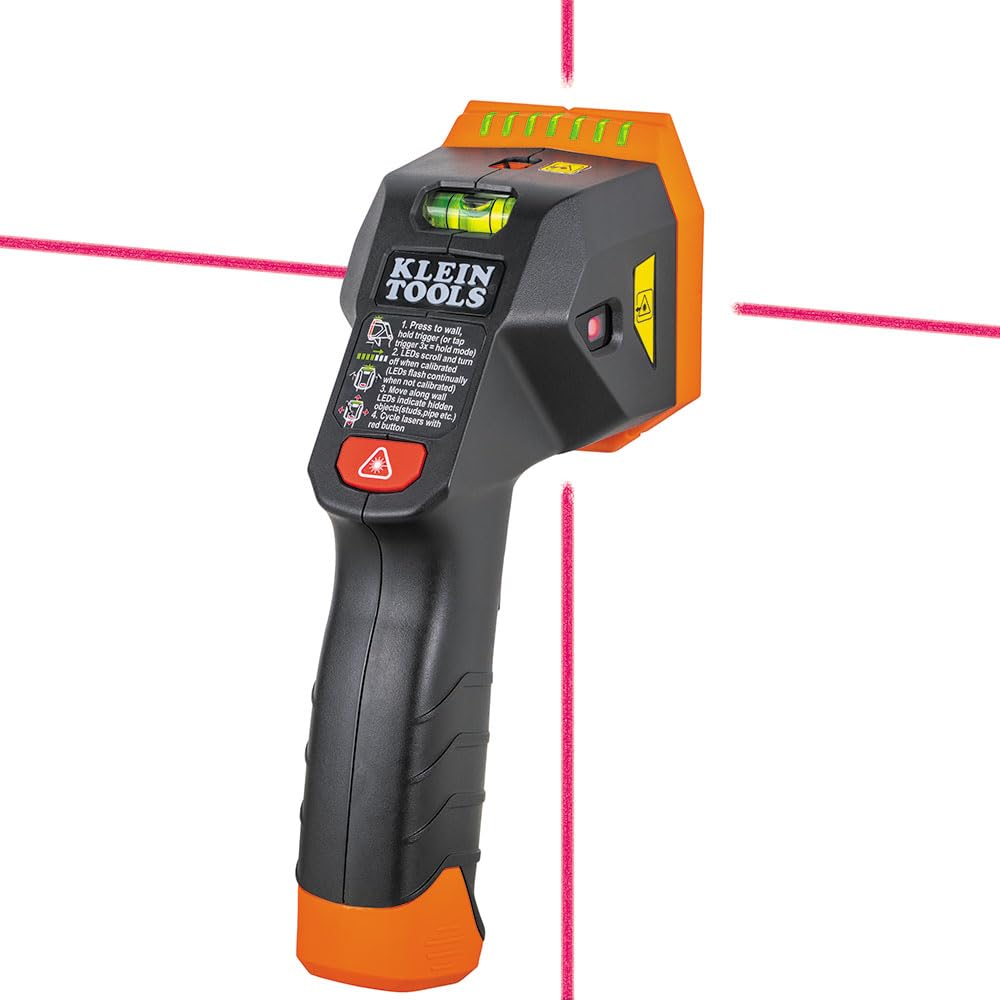 Klein Tools ESF150LL Electronic Stud Finder with Cross-Line Lasers, Bubble Level, Laser Class 3R; ≤5mW; 15-Foot in All Directions, for Wood and Metal Studs, LED and Audio Alert, Batteries Included