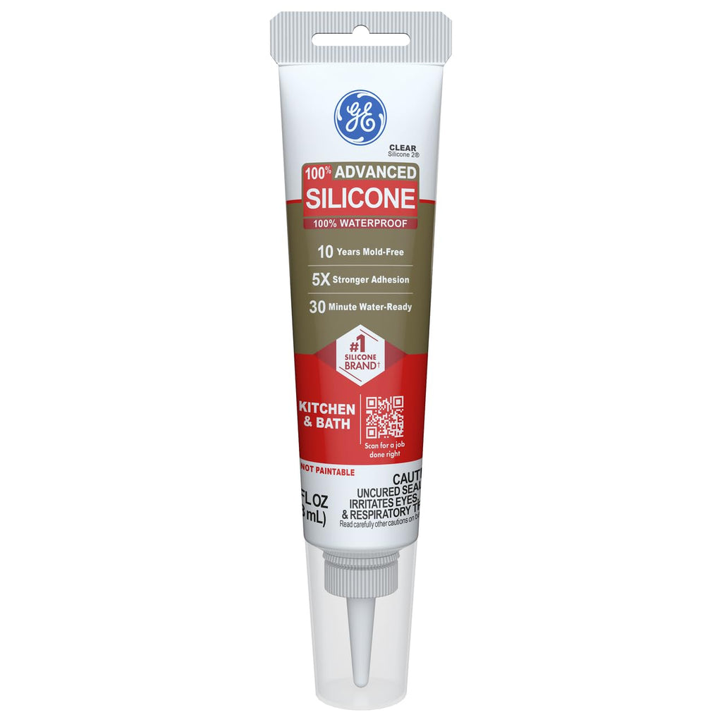 GE Advanced Silicone Caulk for Kitchen & Bathroom, Clear, 2.8 fl oz Tube, 100% Waterproof Silicone Sealant, 5X Stronger Adhesion, Shrink & Crack Proof (Pack of 12)