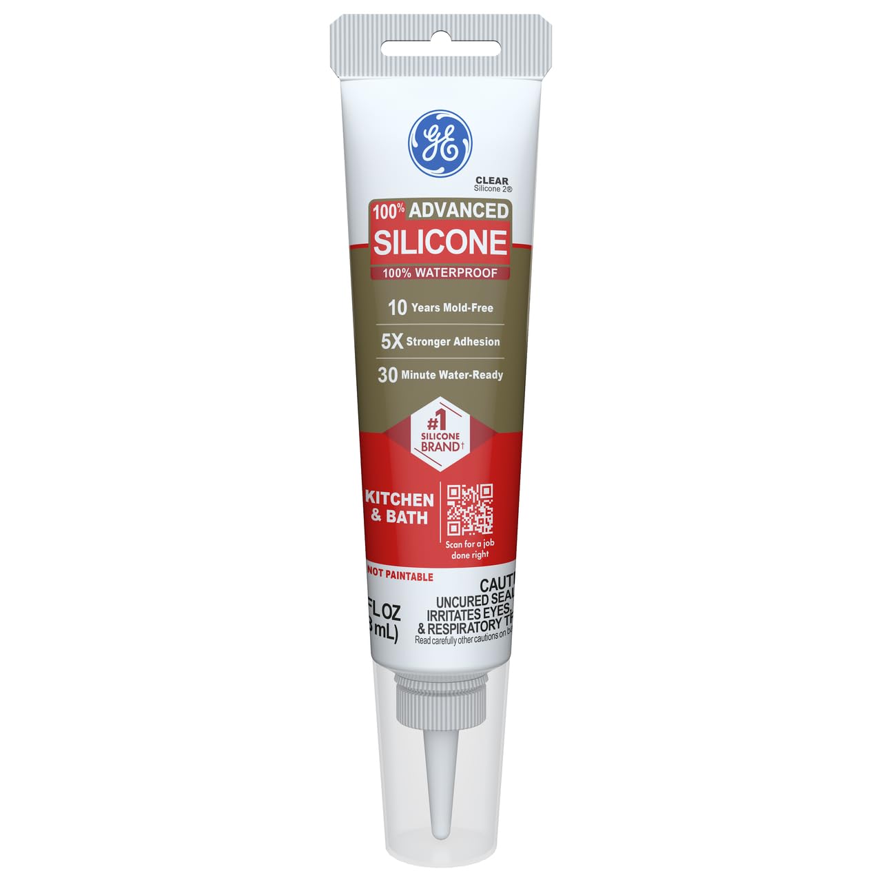 GE Advanced Silicone Caulk for Kitchen & Bathroom, Clear, 2.8 fl oz Tube, 100% Waterproof Silicone Sealant, 5X Stronger Adhesion, Shrink & Crack Proof (Pack of 12)