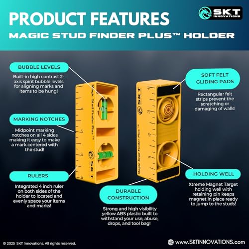 Magic Stud Finder Plus – 3-in-1 Magnetic Stud Finder with Level & Ruler, Extra-Strong Neodymium Magnets, No Electronics, Includes 3 Xtreme Magnets & 6" Steel Ruler for Hanging TV, Shelves, Art
