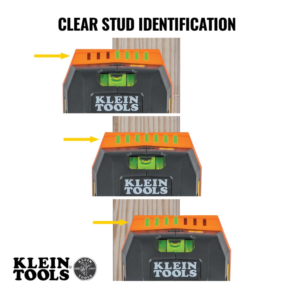 Klein Tools ESF150LL Electronic Stud Finder with Cross-Line Lasers, Bubble Level, Laser Class 3R; ≤5mW; 15-Foot in All Directions, for Wood and Metal Studs, LED and Audio Alert, Batteries Included