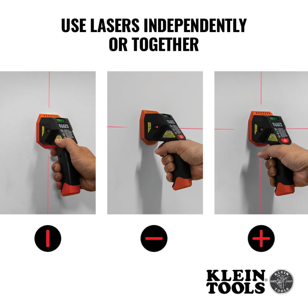 Klein Tools ESF150LL Electronic Stud Finder with Cross-Line Lasers, Bubble Level, Laser Class 3R; ≤5mW; 15-Foot in All Directions, for Wood and Metal Studs, LED and Audio Alert, Batteries Included