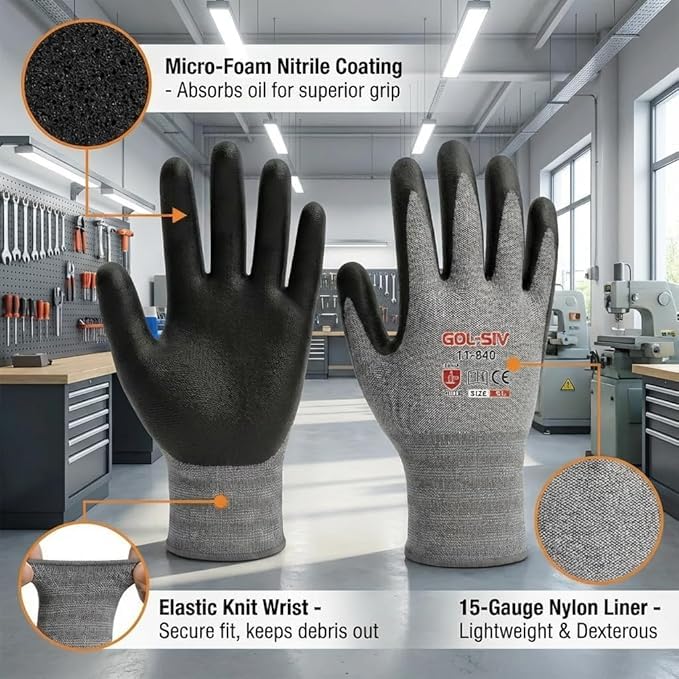 GOL-SIV Work Gloves Nitrile Foam Coated 12 Pairs, Superior Grip in Oil & Dry Conditions
