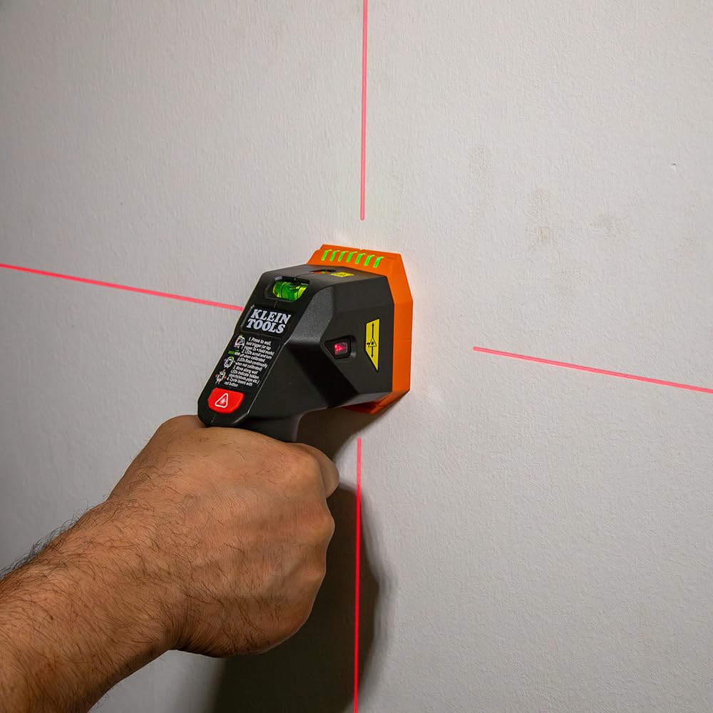 Klein Tools ESF150LL Electronic Stud Finder with Cross-Line Lasers, Bubble Level, Laser Class 3R; ≤5mW; 15-Foot in All Directions, for Wood and Metal Studs, LED and Audio Alert, Batteries Included