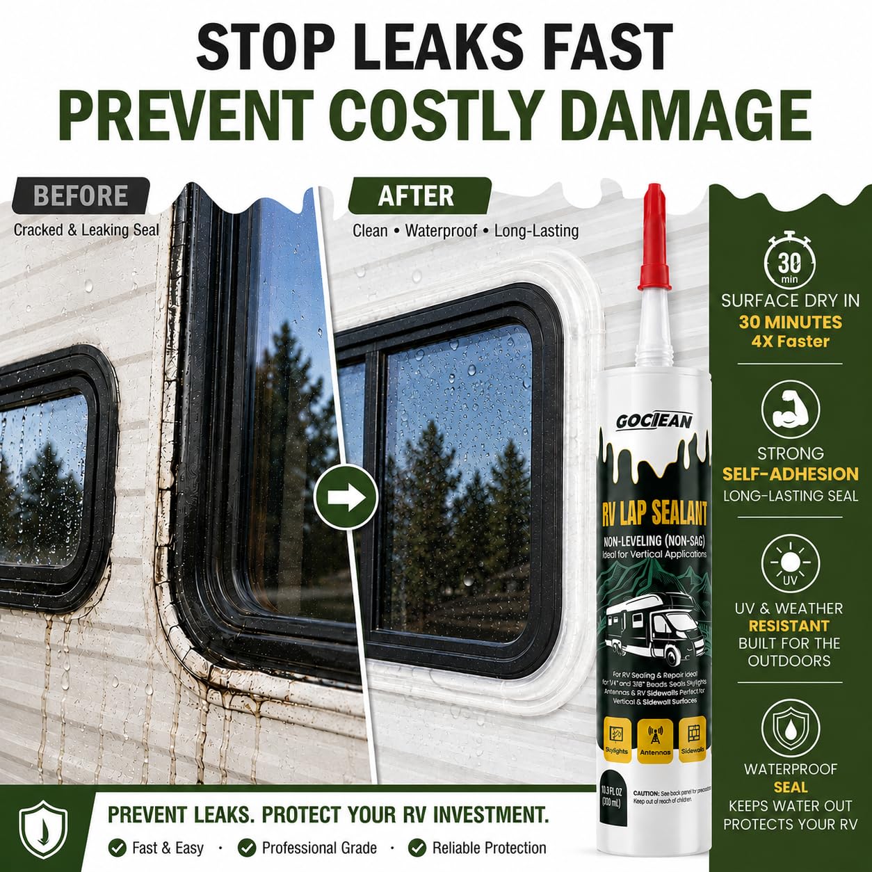Gociean Non-Leveling RV Roof Sealant, Lap Sealant for RV Roofs, Windows, Skylight, Non-Sag RV Roof Sealant, Waterproof RV Sealant, RV Caulking Sealant for Vertical Surface Leak Repair