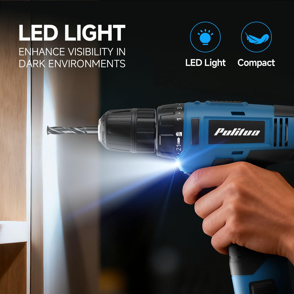 PULITUO 20V Cordless Drill/Driver, 2 Batteries Electric Screwdriver, 30Nm Power Drill Driver, 21+1 Torque, 2 Speed, 3/8"Keyless Chuck, power drill with LED Light
