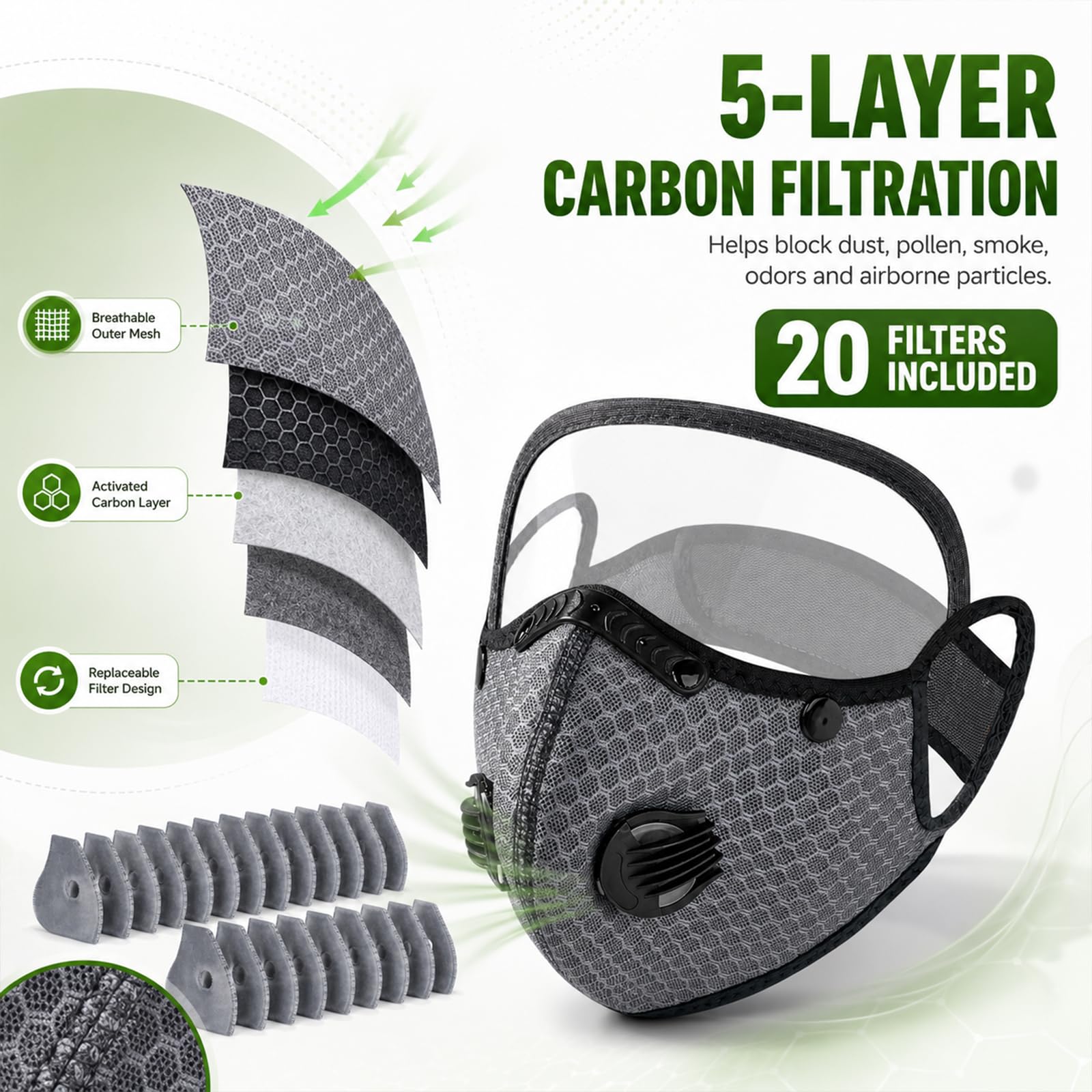 NGCME Reusable Carbon Filter Dust Mask with Eye Protection