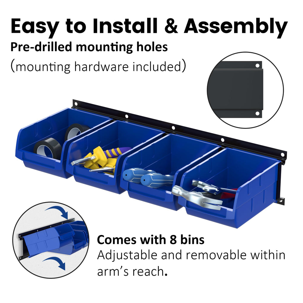 UNITEDPOWER Wall Storage Bins, Storage Rack 8 Bins&2 Rails Wall Mount Tool Organizer for Garage