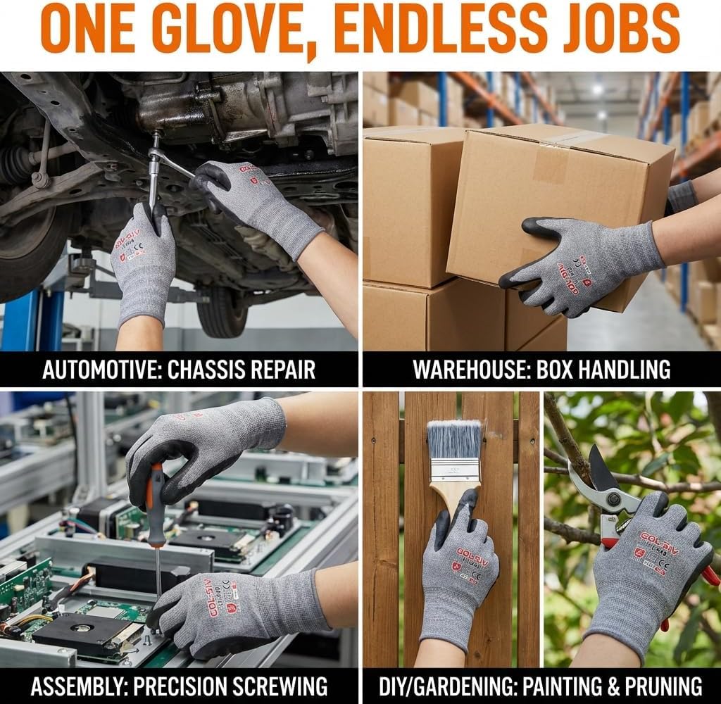 GOL-SIV Work Gloves Nitrile Foam Coated 12 Pairs, Superior Grip in Oil & Dry Conditions