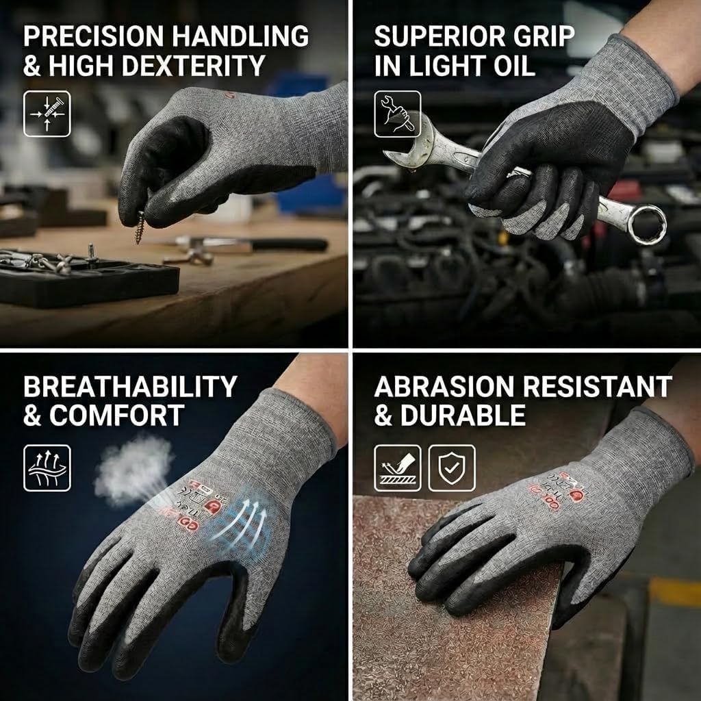 GOL-SIV Work Gloves Nitrile Foam Coated 12 Pairs, Superior Grip in Oil & Dry Conditions
