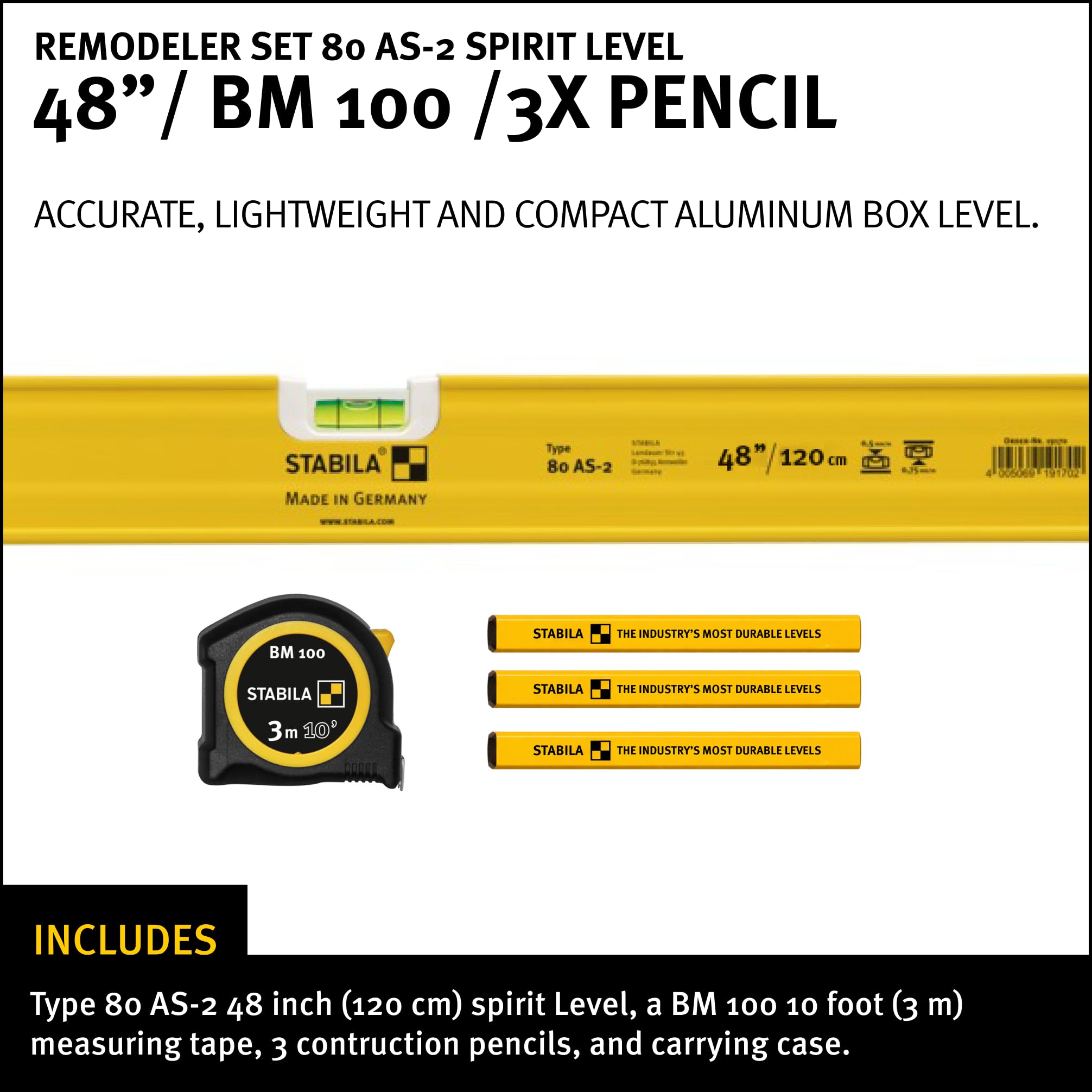 STABILA Remodeler Set with Type 80 AS-2 48 inch (120 cm) spirit Level, BM 100 10 ft. (3 m) measuring tape, 3 construction pencils, carrying case, Cat. Number 29710