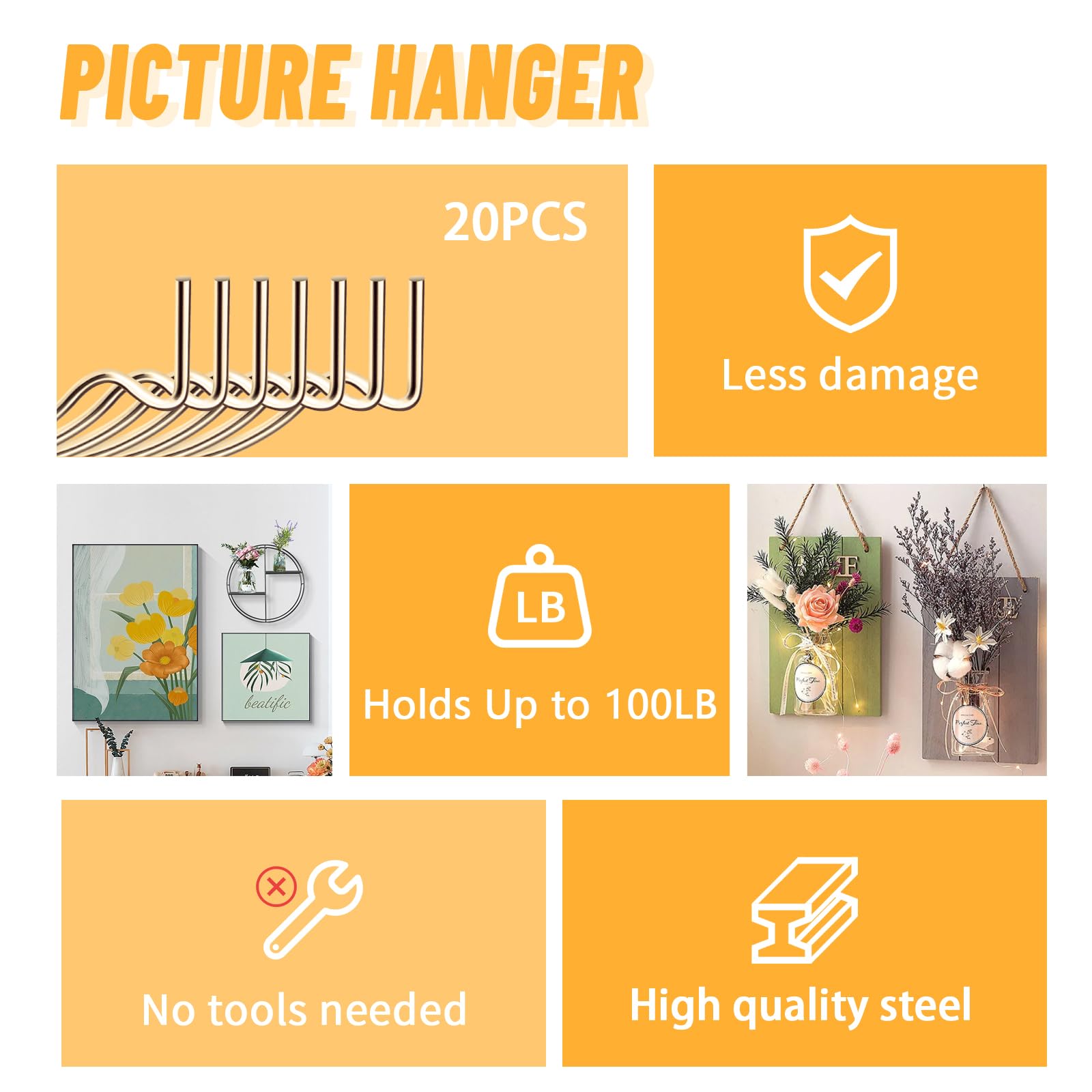 FURHUA Super Hook Picture Hangers and Office Pack, Drywall Hooks for Hanging Pictures, Wall Hooks, Picture Hangers, Picture Hanging Kit，Hang Art, Clock, Shelves, Mirrors