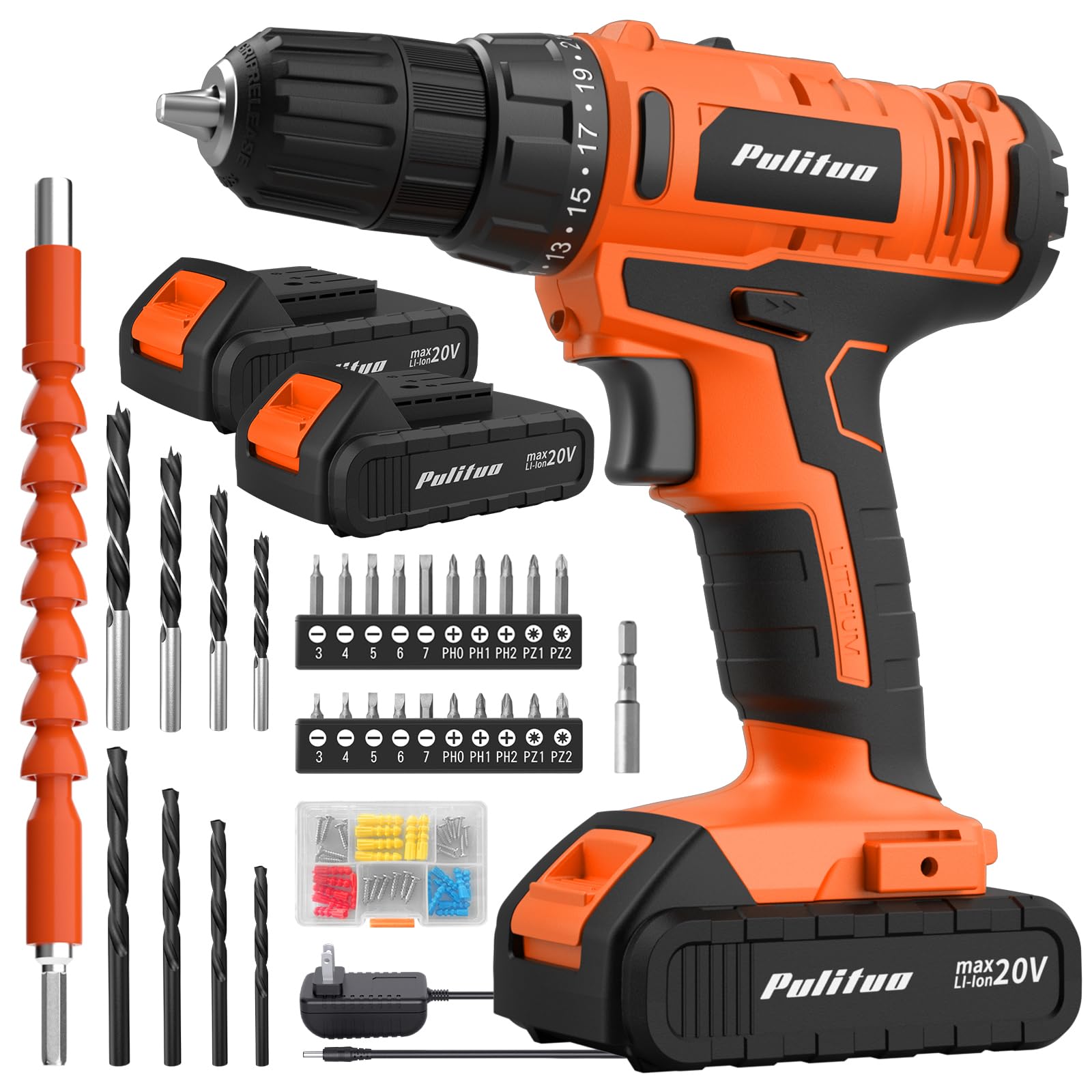 PULITUO 20V Cordless Drill/Driver, 2 Batteries Electric Screwdriver, 30Nm Power Drill Driver, 21+1 Torque, 2 Speed, 3/8"Keyless Chuck, power drill with LED Light