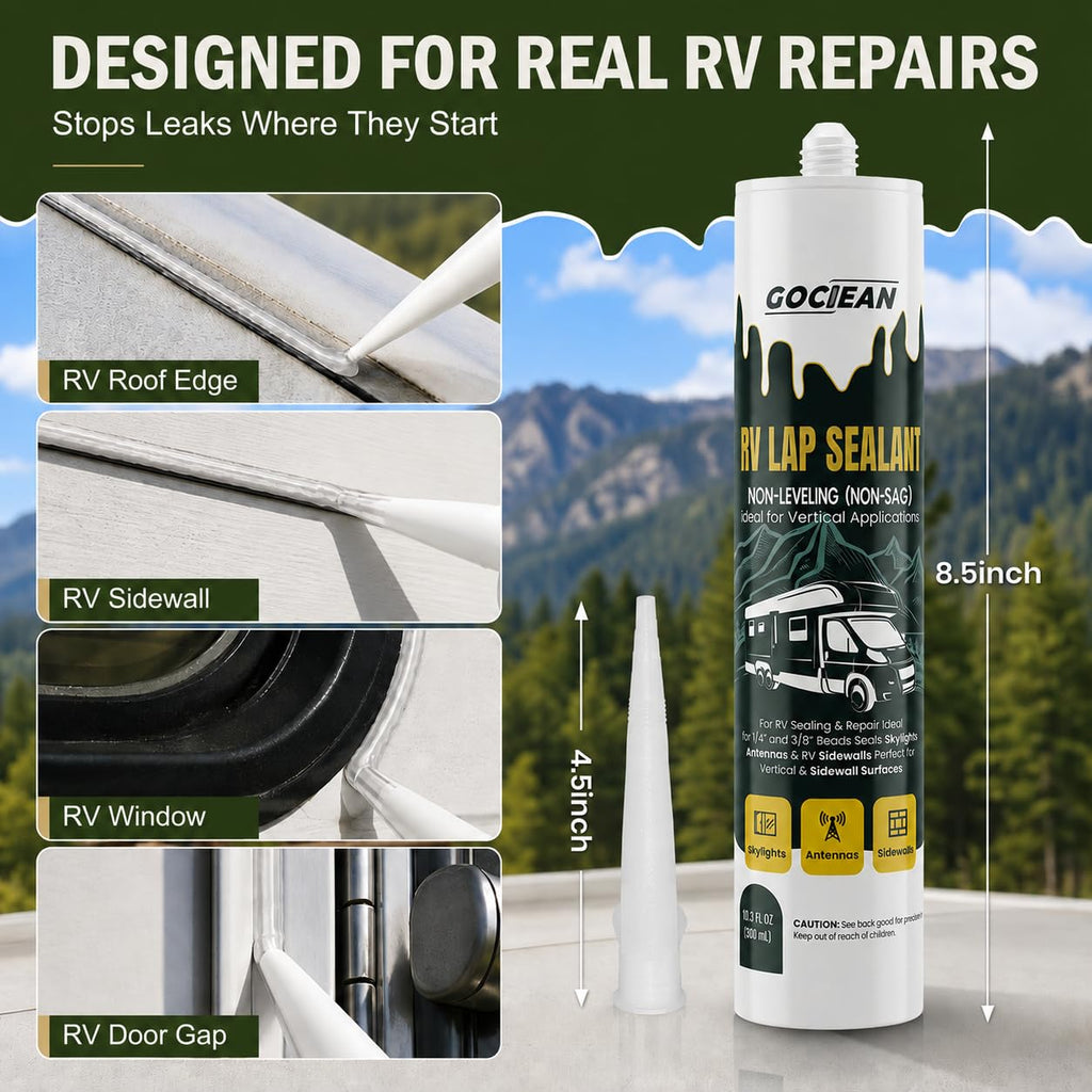 Gociean Non-Leveling RV Roof Sealant, Lap Sealant for RV Roofs, Windows, Skylight, Non-Sag RV Roof Sealant, Waterproof RV Sealant, RV Caulking Sealant for Vertical Surface Leak Repair