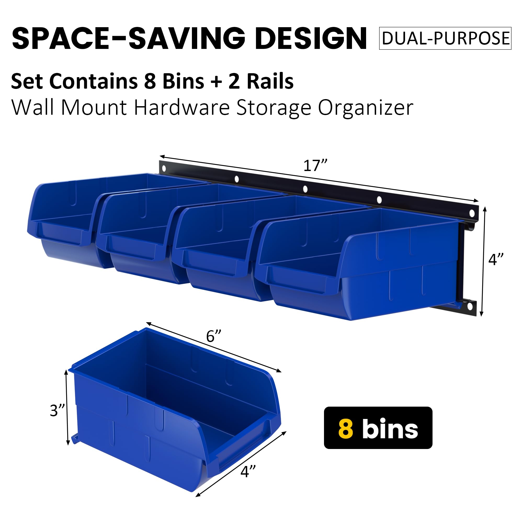 UNITEDPOWER Wall Storage Bins, Storage Rack 8 Bins&2 Rails Wall Mount Tool Organizer for Garage