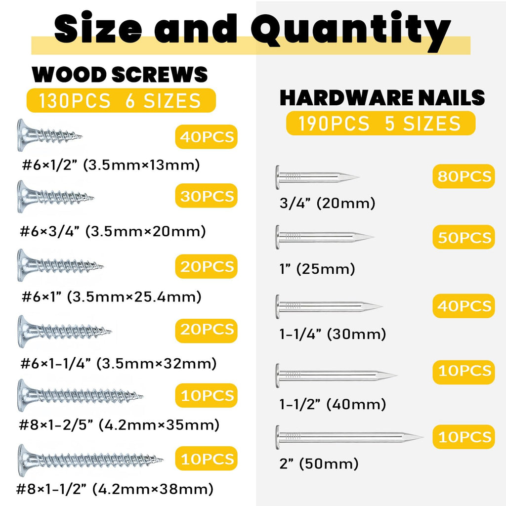 Seamaka 320Pcs Premium Hardware Nails & High Hardness Wood Screws Assortment Kit，1/2"-2"-11 Sizes Phillips Drive Flat Head, Common Nails,Wood Screws,Furniture Screw with Storage Box