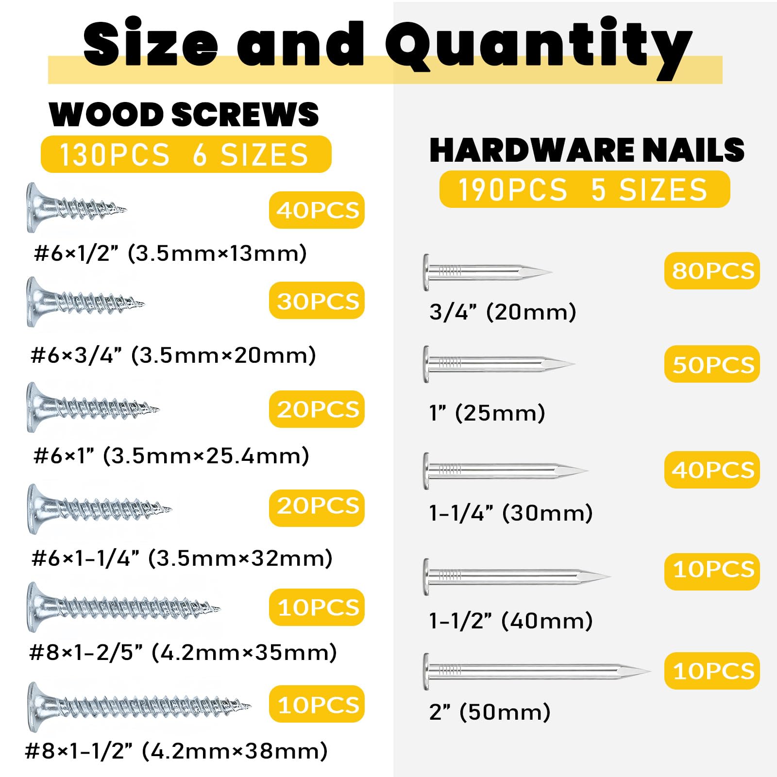 Seamaka 320Pcs Premium Hardware Nails & High Hardness Wood Screws Assortment Kit，1/2"-2"-11 Sizes Phillips Drive Flat Head, Common Nails,Wood Screws,Furniture Screw with Storage Box