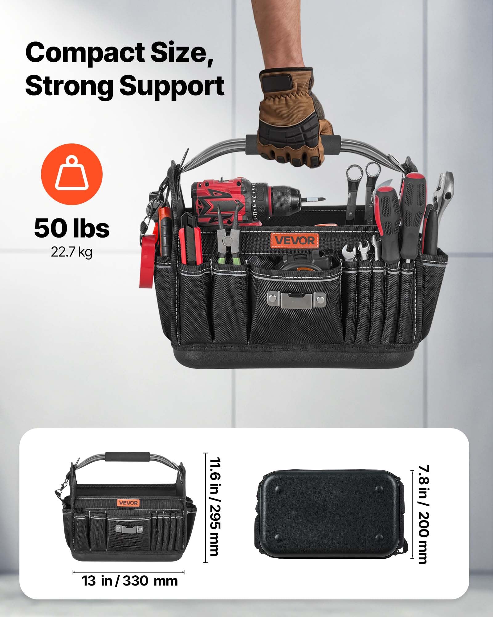 VEVOR Tool Bag, 13 Inch, 33-Pocket Open Top Tool Tote, Portable Electrical Maintenance Toolbox Organizer Storage with Hard Plastic Base, Adjustable Shoulder Strap, for Professionals DIY & Jobsite Use
