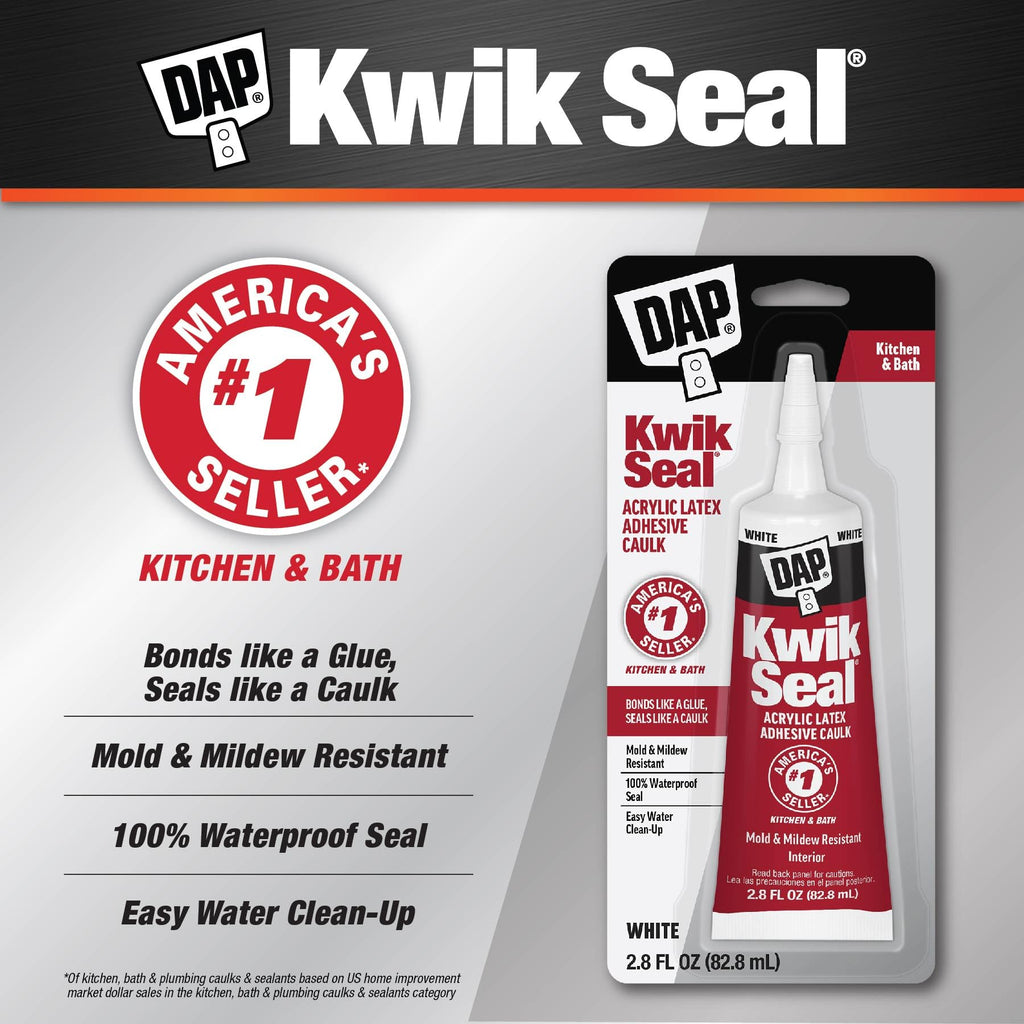 DAP Kwik Seal Kitchen & Bath Adhesive Caulk, White, 2.8 oz (7079800954)