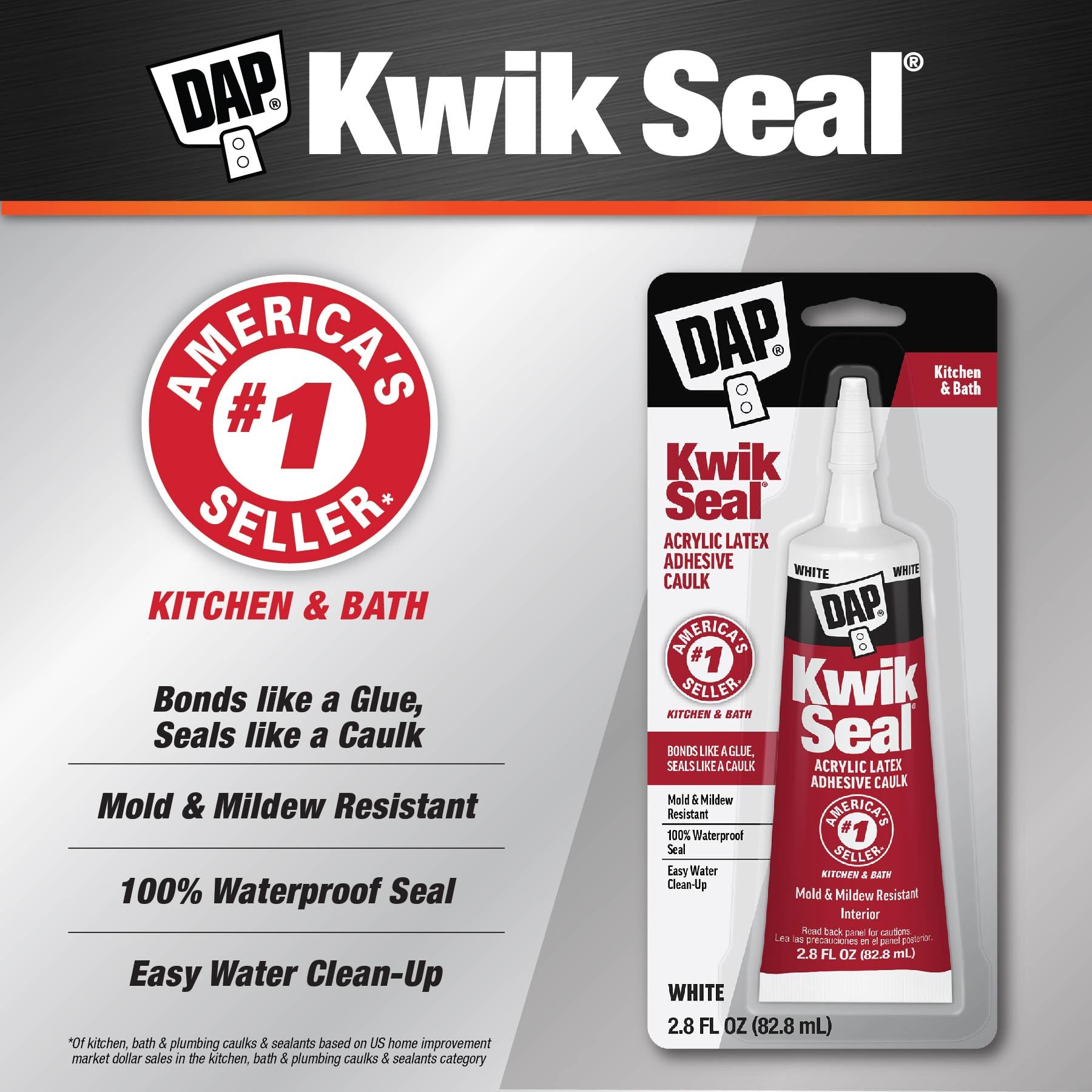 DAP Kwik Seal Kitchen & Bath Adhesive Caulk, White, 2.8 oz (7079800954)