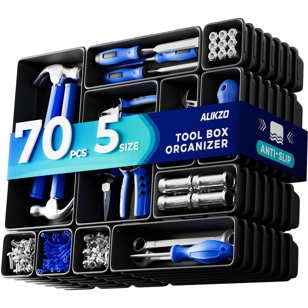 70 PCS Tool Box Organizer Tray & Drawer Organizer Set, 5 Size Interlocking Bins for Garage Tool Storage, Mechanic Tool Chest, Rolling Cart, Workbench Drawers with EVA Non Slip Pads
