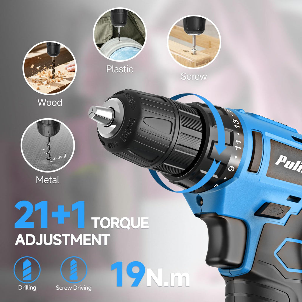 PULITUO 20V Cordless Drill/Driver, 2 Batteries Electric Screwdriver, 30Nm Power Drill Driver, 21+1 Torque, 2 Speed, 3/8"Keyless Chuck, power drill with LED Light