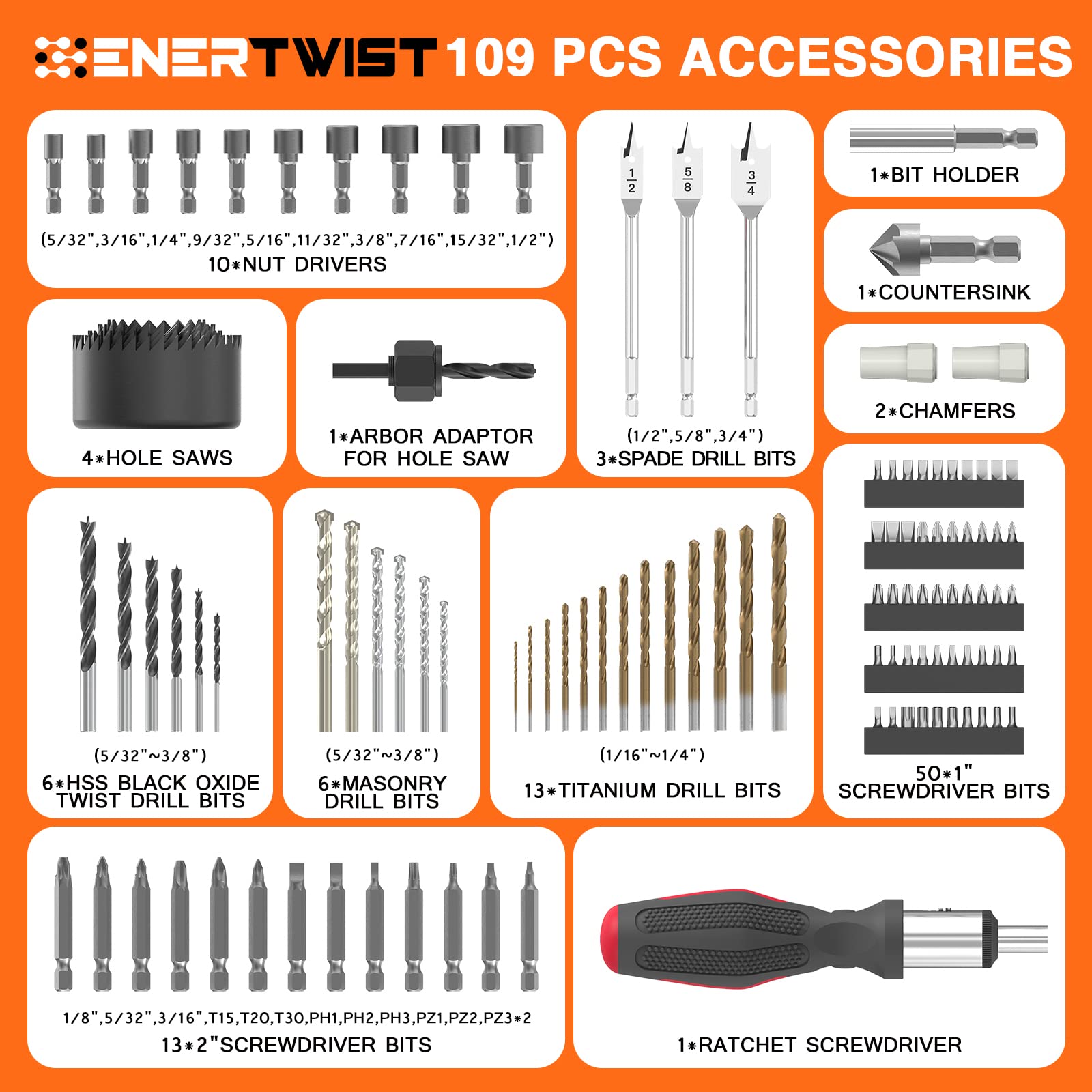 ENERTWIST Drill and Screwdriver Bit Set with Carry Case