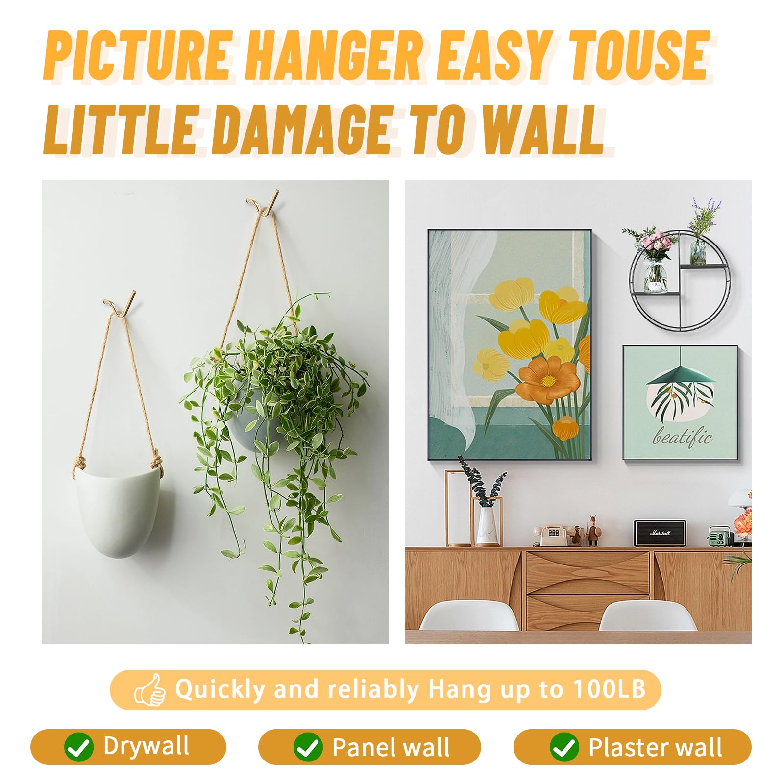 FURHUA Super Hook Picture Hangers and Office Pack, Drywall Hooks for Hanging Pictures, Wall Hooks, Picture Hangers, Picture Hanging Kit，Hang Art, Clock, Shelves, Mirrors