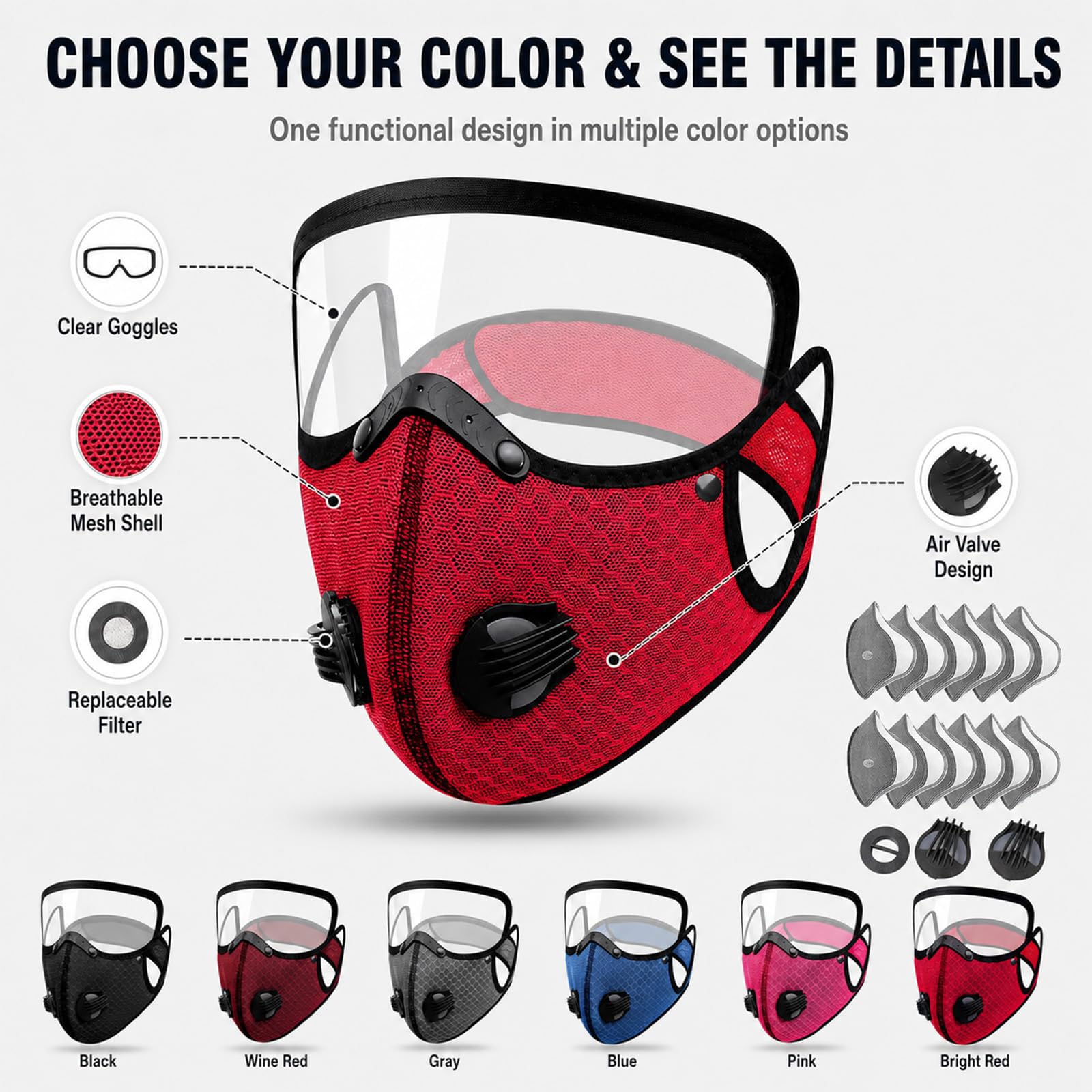 Reusable Carbon Filter Dust Mask, Carbon Filter Dust Mask with Eye Protection, Full Face Protection with 10 Filters