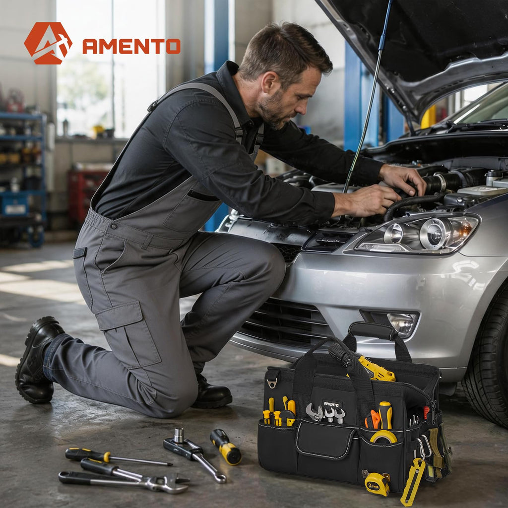 Amento Heavy Duty Tool Bag, 22 Pockets Empty Tool Box Organizer Storage, Soft Tote Toolbox Organization Portable Handle Carrying Work Toolbag, Father Day Gifts Men Electrician Mechanic