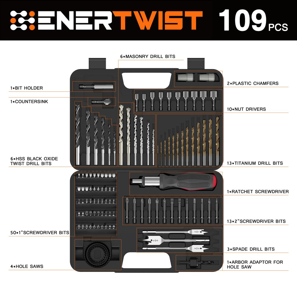 ENERTWIST Drill and Screwdriver Bit Set with Carry Case