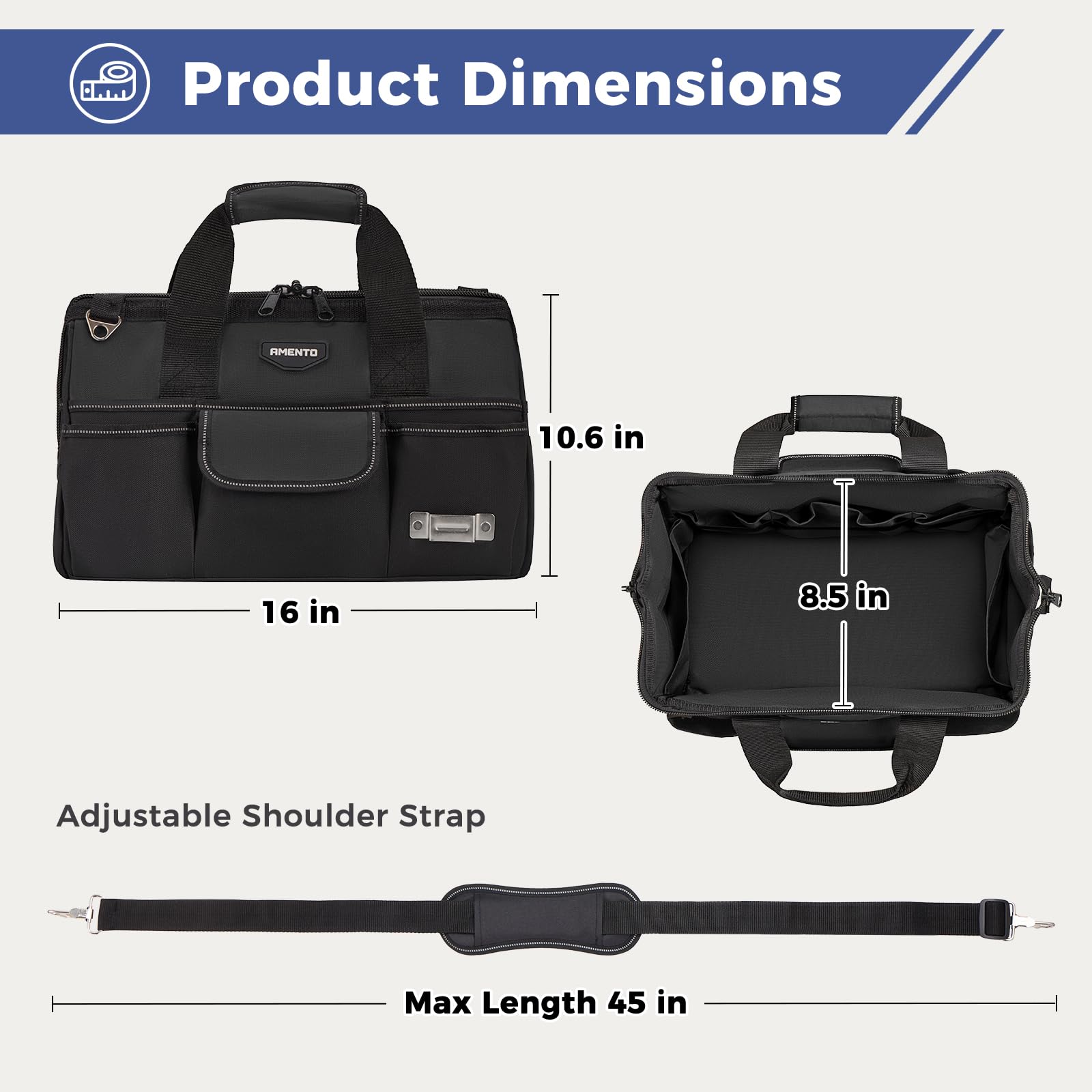 Amento Heavy Duty Tool Bag, 22 Pockets Empty Tool Box Organizer Storage, Soft Tote Toolbox Organization Portable Handle Carrying Work Toolbag, Father Day Gifts Men Electrician Mechanic