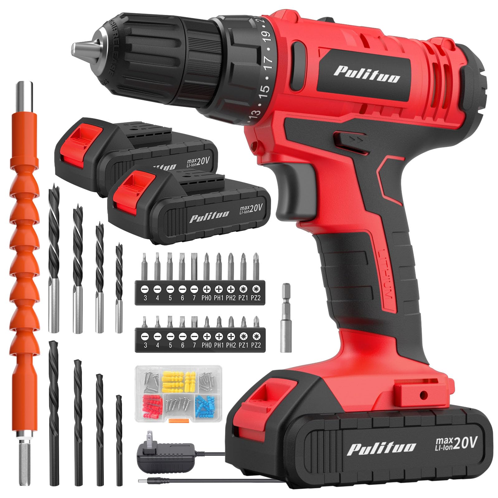 PULITUO 20V Cordless Drill Driver with 2 Batteries