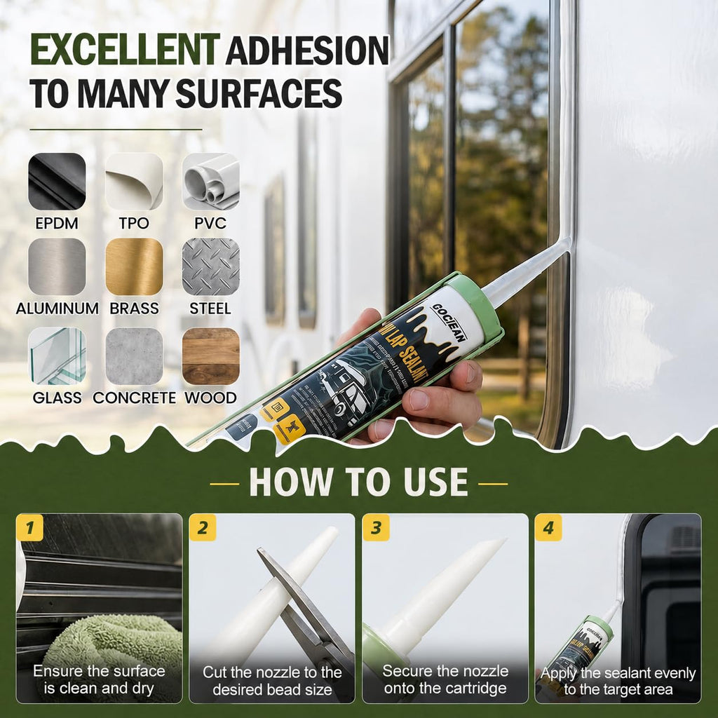 Gociean Non-Leveling RV Roof Sealant, Lap Sealant for RV Roofs, Windows, Skylight, Non-Sag RV Roof Sealant, Waterproof RV Sealant, RV Caulking Sealant for Vertical Surface Leak Repair