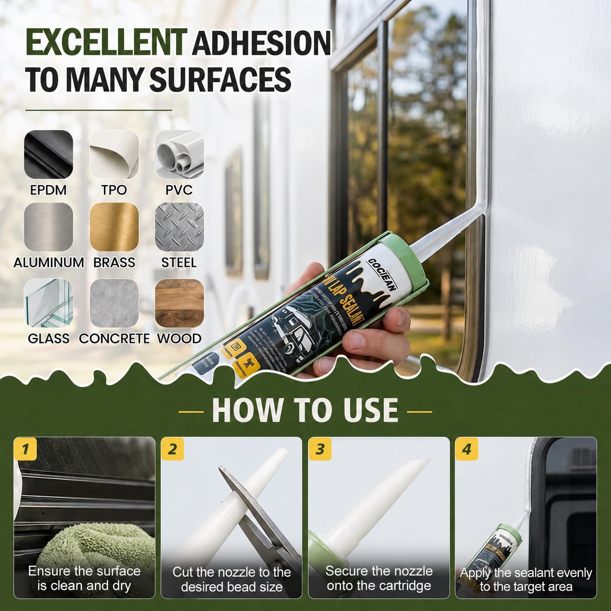 Gociean Non-Leveling RV Roof Sealant, Lap Sealant for RV Roofs, Windows, Skylight, Non-Sag RV Roof Sealant, Waterproof RV Sealant, RV Caulking Sealant for Vertical Surface Leak Repair