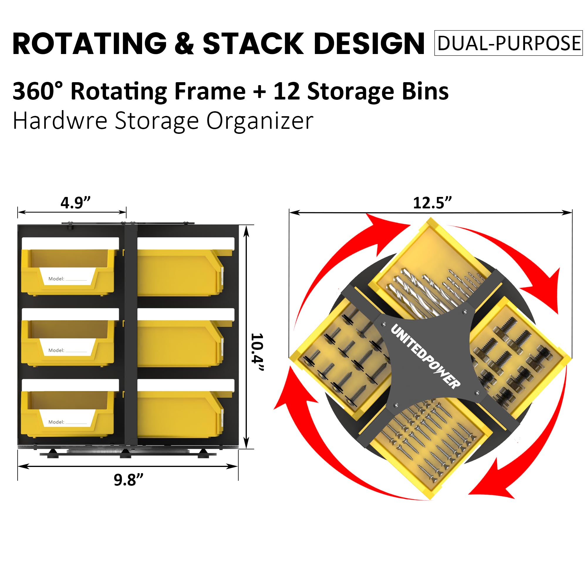 UNITEDPOWER Rotating Storage Bins, Tool Organizer, Hardware Crafts, Small Parts, Nuts and Bolts, Revolving 12 Bins Storage for Workshop, Shed, Garage, Home