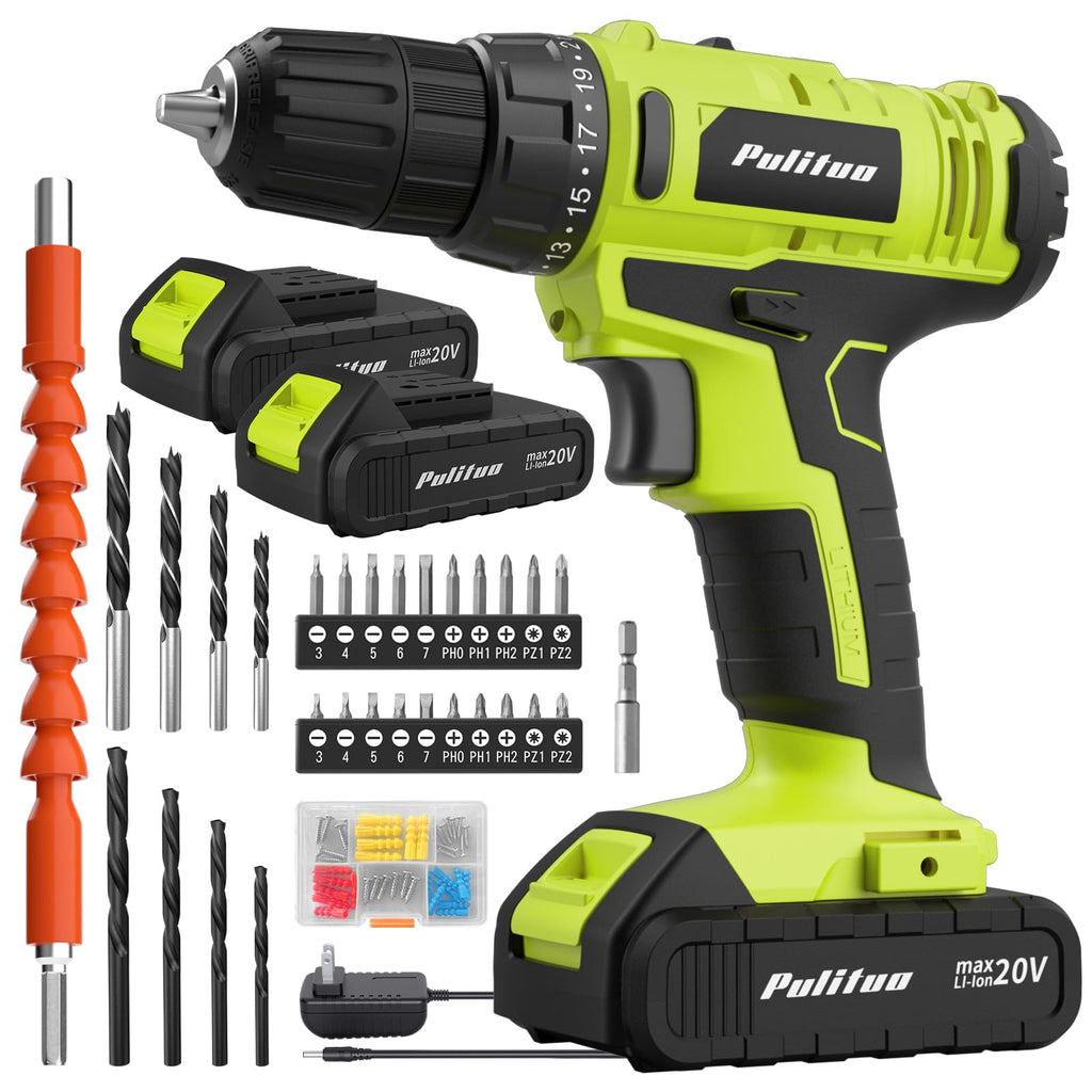 PULITUO 20V Cordless Drill/Driver, 2 Batteries Electric Screwdriver, 30Nm Power Drill Driver, 21+1 Torque, 2 Speed, 3/8"Keyless Chuck, power drill with LED Light