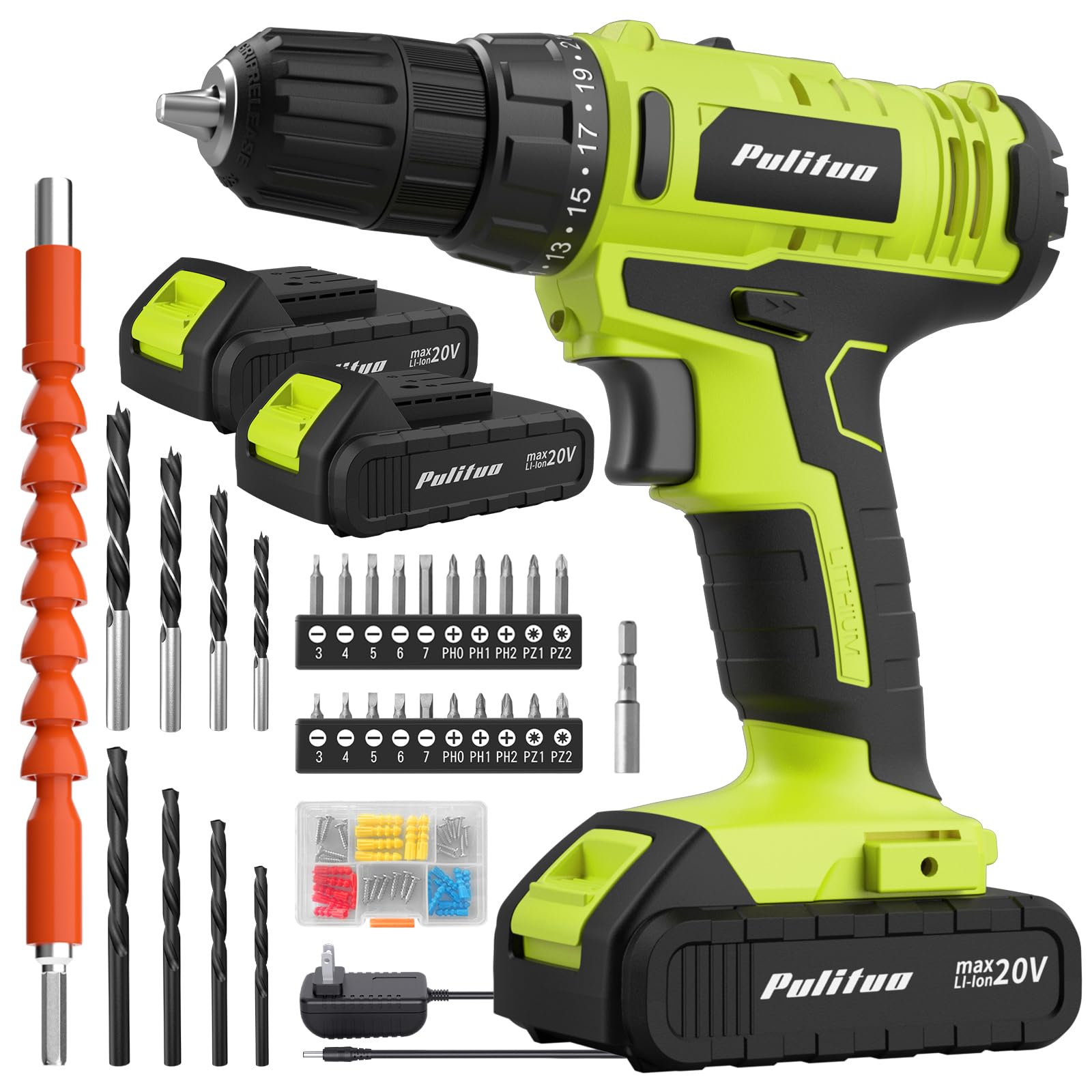 PULITUO 20V Cordless Drill/Driver, 2 Batteries Electric Screwdriver, 30Nm Power Drill Driver, 21+1 Torque, 2 Speed, 3/8"Keyless Chuck, power drill with LED Light