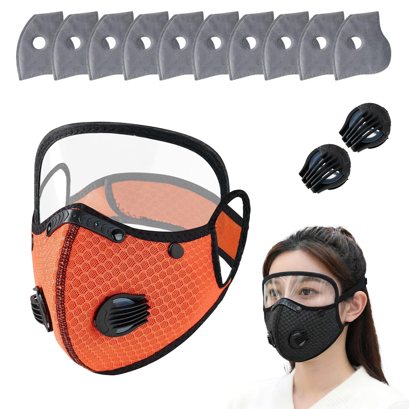 Reusable Carbon Filter Dust Mask with Eye Protection, 10 Filters
