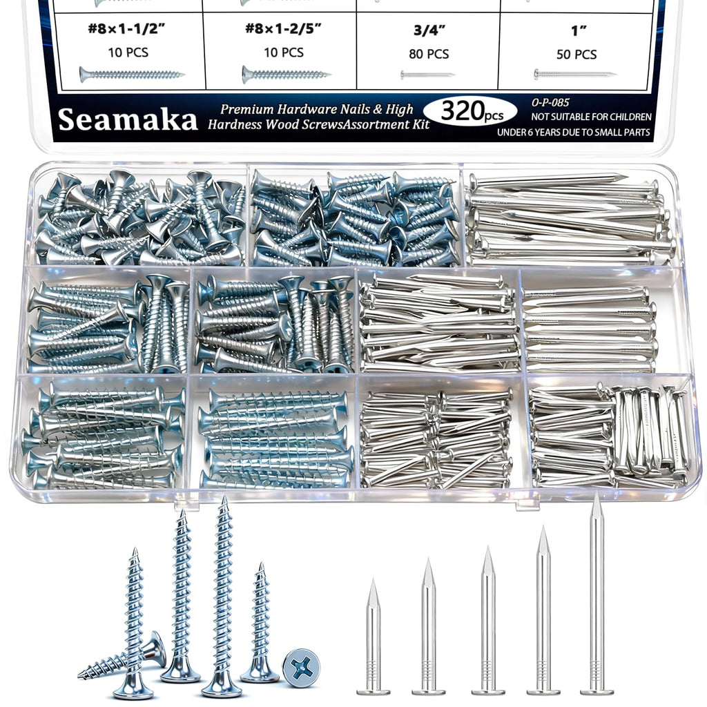 Seamaka 320Pcs Premium Hardware Nails & High Hardness Wood Screws Assortment Kit，1/2"-2"-11 Sizes Phillips Drive Flat Head, Common Nails,Wood Screws,Furniture Screw with Storage Box