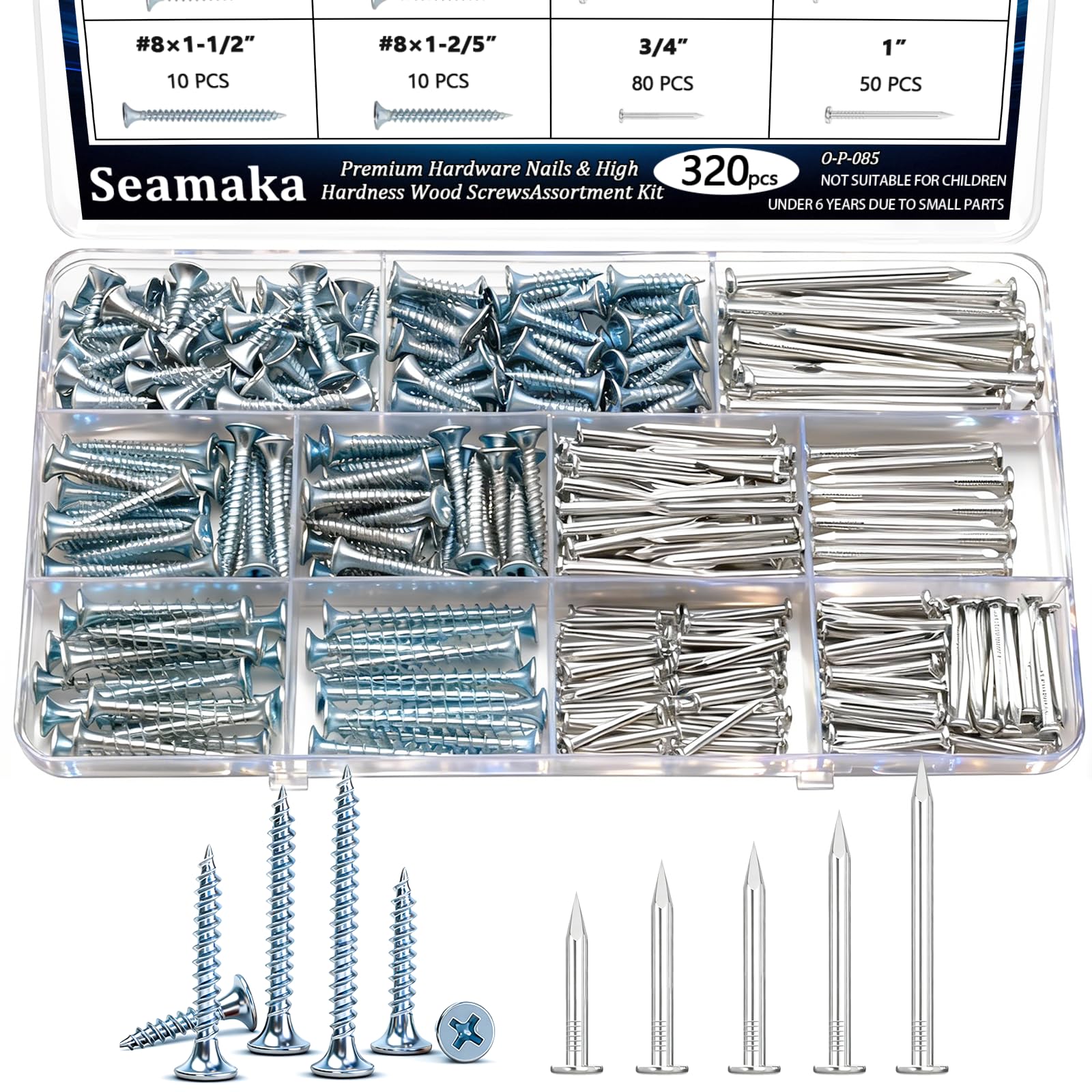 Seamaka 320Pcs Premium Hardware Nails & High Hardness Wood Screws Assortment Kit，1/2"-2"-11 Sizes Phillips Drive Flat Head, Common Nails,Wood Screws,Furniture Screw with Storage Box