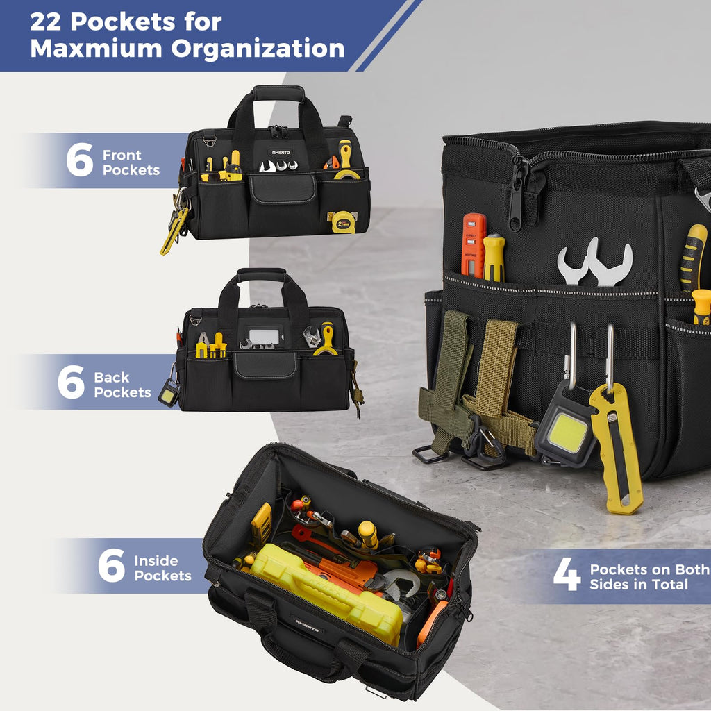 Amento Heavy Duty Tool Bag, 22 Pockets Empty Tool Box Organizer Storage, Soft Tote Toolbox Organization Portable Handle Carrying Work Toolbag, Father Day Gifts Men Electrician Mechanic