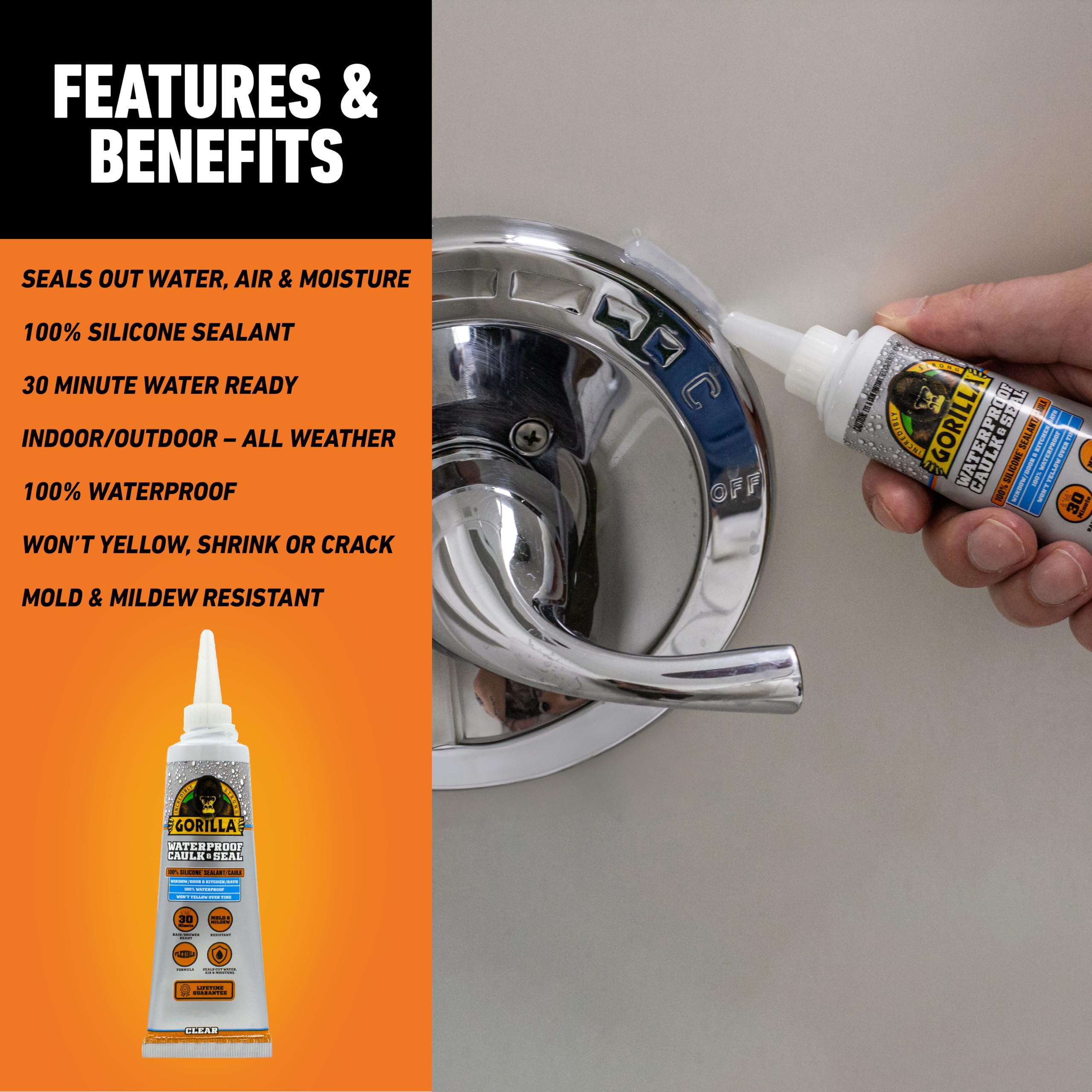 Gorilla 100% Silicone Caulk, Waterproof Sealant, 2.8oz Squeeze Tube